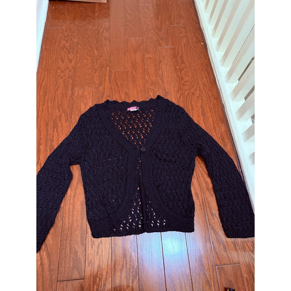 Say‎ What? Vintage Black Crochet Knit Cardigan Single Button Y2K Boho Size 2 USA